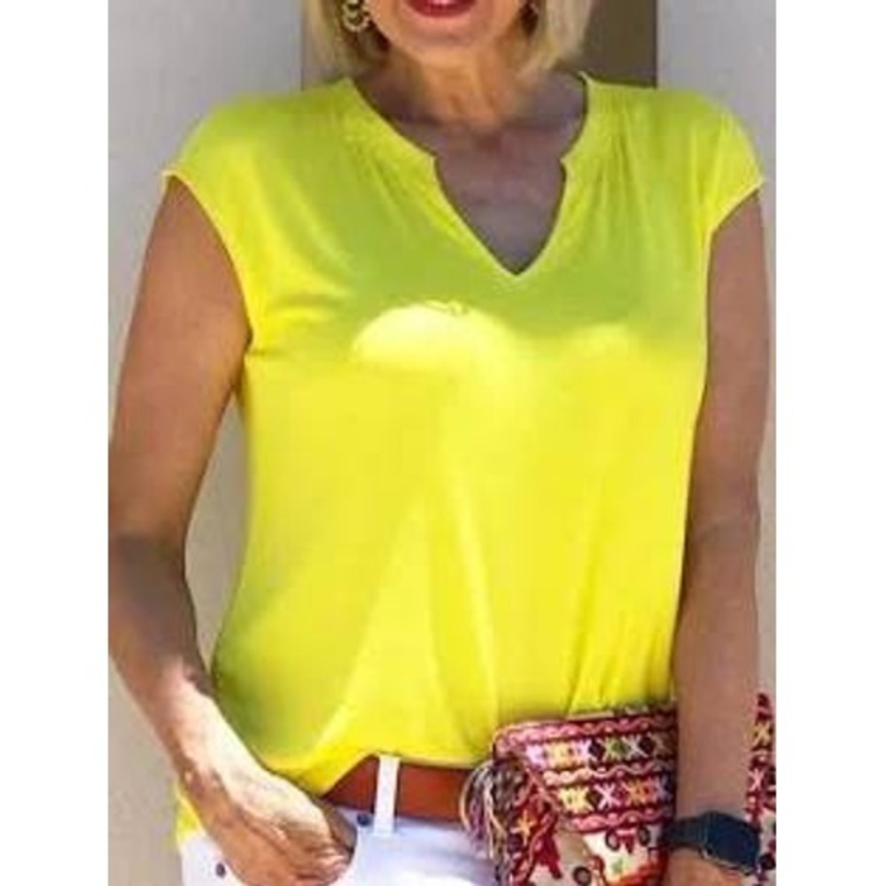 Cabi tee bright yellow split vneck rayon cooling summer luxury basics knitwear M